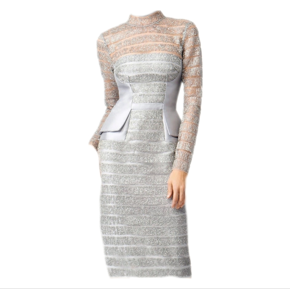 ○$1,600 BIBHU MOHAPATRA SILVER METALIC LONG SLEEVE RUNWAY DRESS US 2